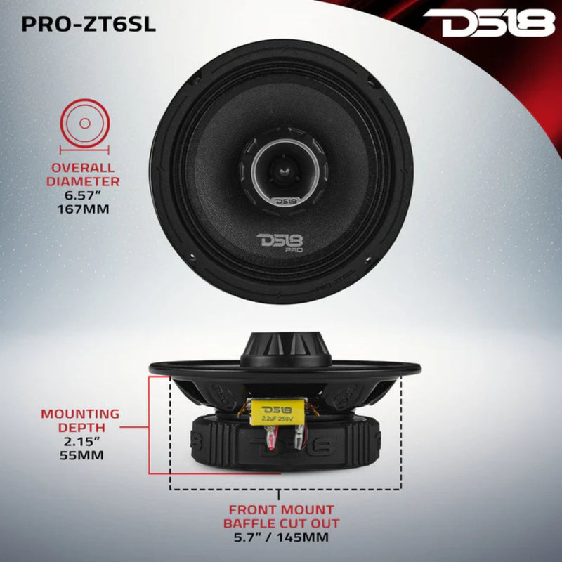 6.5" 200W RMS 4-Ohm Slim Coaxial Midrange Speaker w/ Tweeter DS18 PRO-ZT