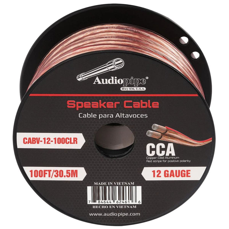Audiopipe 12 Gauge (AWG) CCA Clear Speaker Wire w/ Red Stripe 100 Feet