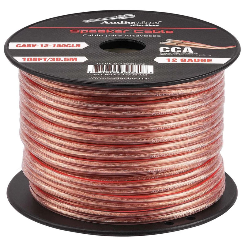Audiopipe 12 Gauge (AWG) CCA Clear Speaker Wire w/ Red Stripe 100 Feet