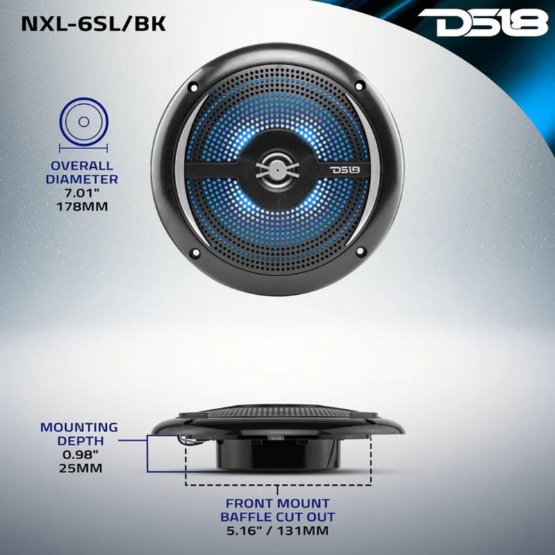 DS18 6.5" 200W 4-Ohm 2-Way Slim Marine Speakers Pair W/RGB LED Black NXL-6SL