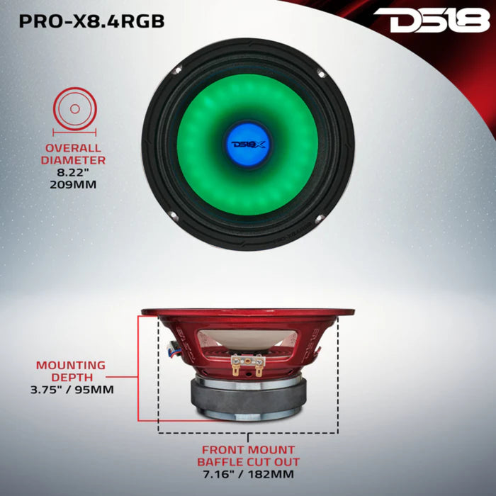 DS18 8" Midrange Loudspeaker Dual RGB LED For Cone & Dust cap 275 Watt RMS 4-Ohm