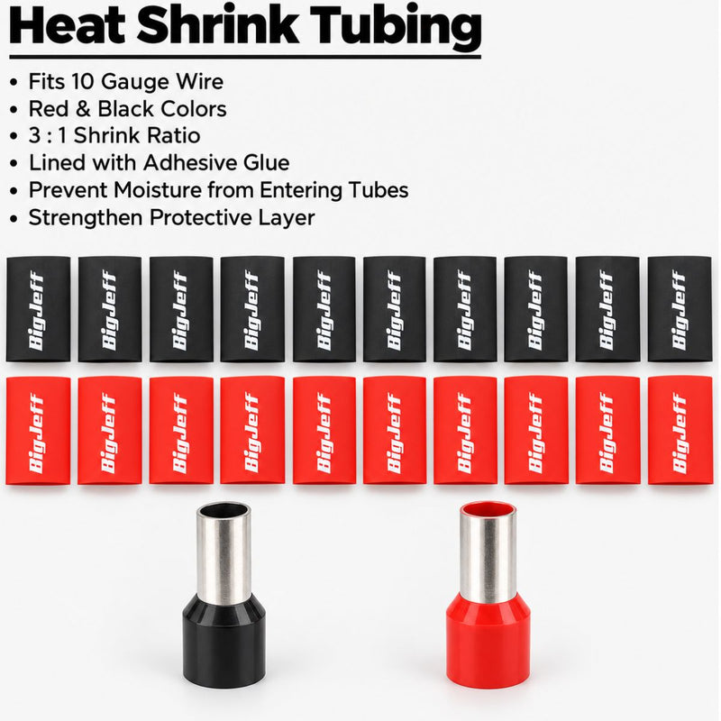 Big Jeff Audio 10 AWG Wire Ferrule & Heat Shrink Kit, 20 Ferrules, Red/Black