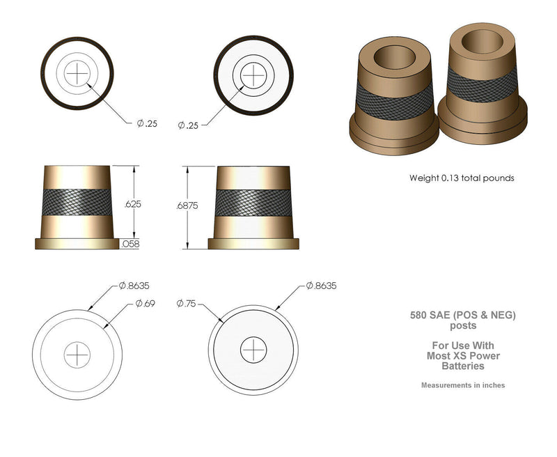 XS Power Short SAE Brass Battery Terminal Post Adapters Positive & Negative Pair