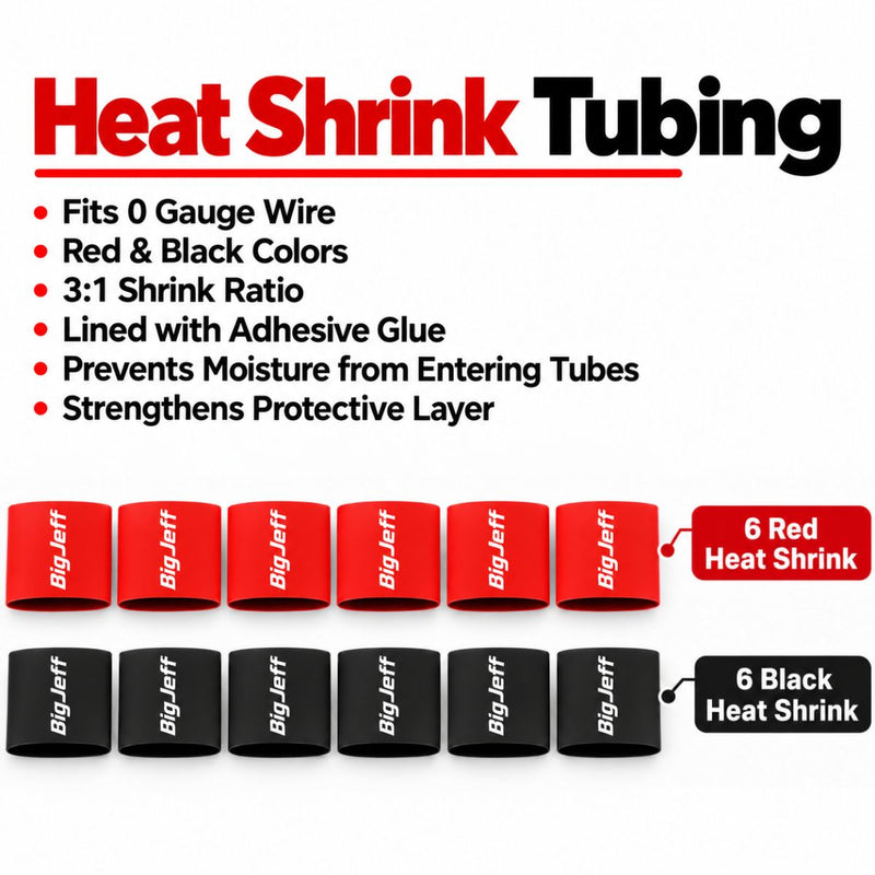 Big Jeff Audio 1/0 Gauge Wire Ferrule & Heat Shrink Kit, 12 Ferrules, Red/Black