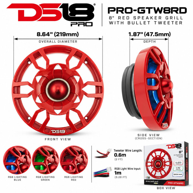 DS18 PRO-GTW8RD 8" Red RGB Speaker Grille with 1.75" Neodymium Bullet Tweeter 250W RMS 4 Ohm