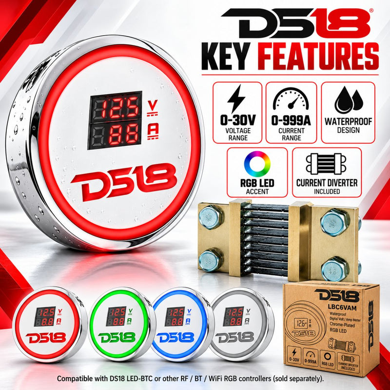 Waterproof Digital Volt/Amp Current Meter Chrome Plated RGB LED DS18