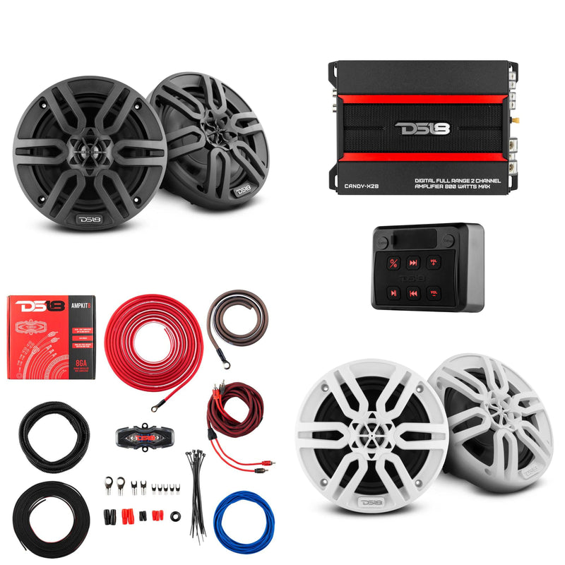 DS18 Marine Speakers with 2 CH Amplifier Wiring Kit and Universal Receiver Combo