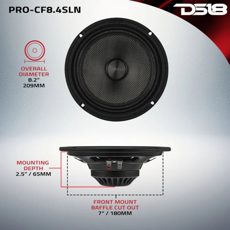 8" 200W RMS 4 Ohm Slim Water Resistant Neo Carbon Fiber Midrange Speaker DS18