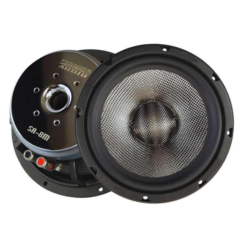 Sundown Audio SA-Series SA8M 8 inch midrange speaker pair rated at 130 watts RMS each. High sensitivity SQ-focused design covering 70Hz to 20kHz. Speaker Front & Back View