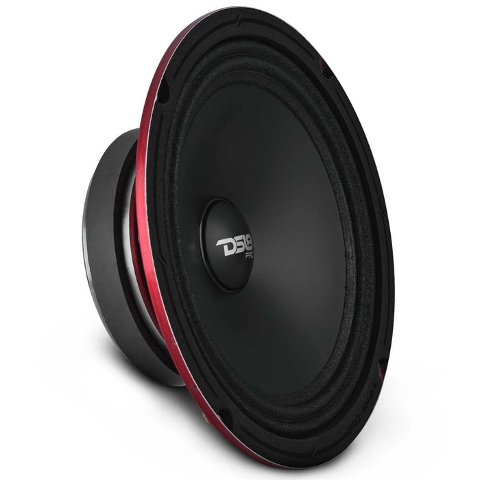 Water resistant 8" DS18 midrange with 250W RMS, 4 ohm coil, and slim motorcycle friendly design. Clear sound at high speeds. Side View of Speaker