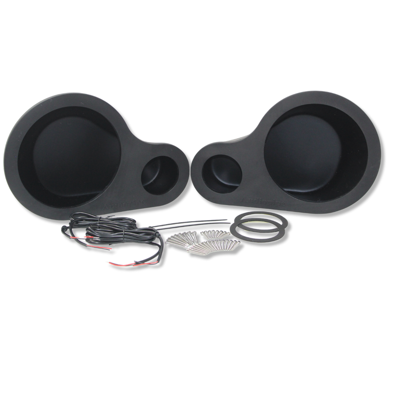 view of fronts and includesd hardware of 8 Inch Universal Speaker Pods Pair ABS Black OEM Finish