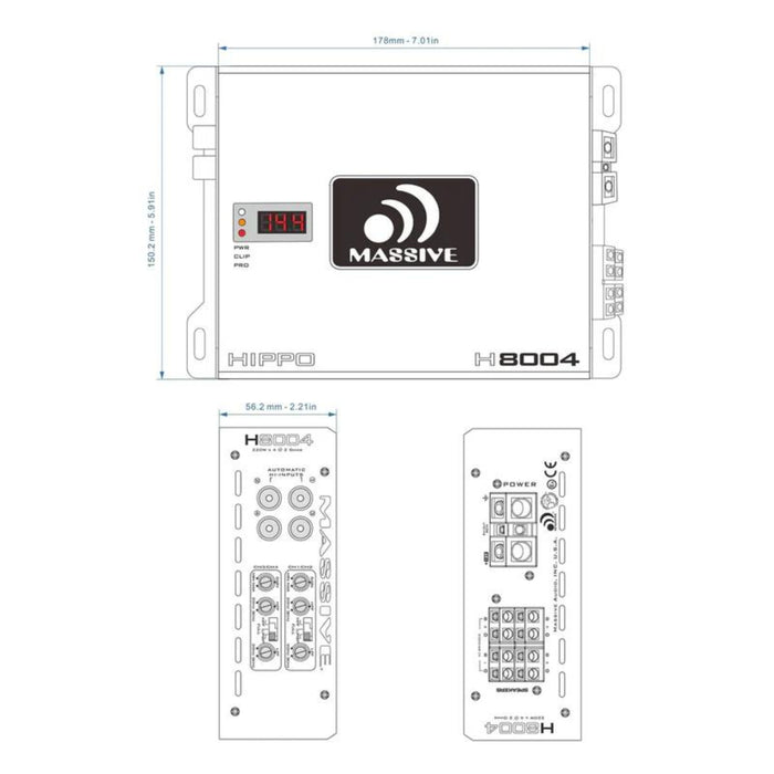 220W RMS x4 2-Ohm 4-Channel Amplifier Massive Audio HIPPO Series MA-H800.4