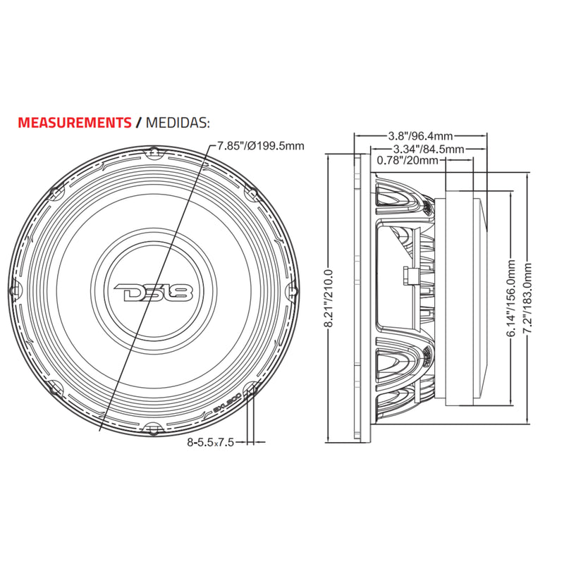 DS18 8" XL Series Mid-Range Loudspeaker 400 Watts Rms 4-Ohm XL800-4