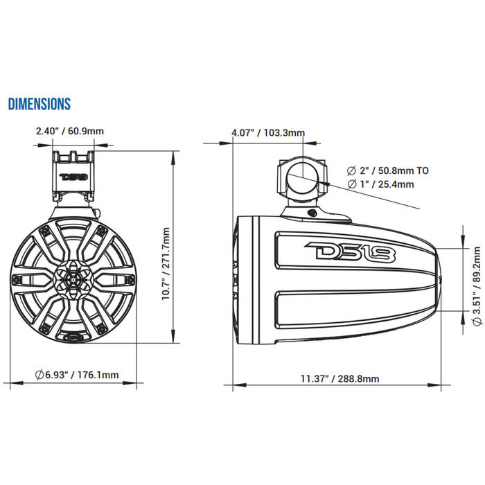 DS18 Pair of 6.5" Marine 100W RMS 4 Ohm Wake Tower Speakers W/ RGB LED X6TP-BK