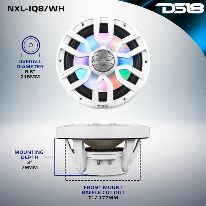 DS18 8" 2-Way 175 Watt RMS 4-Ohm RGB LED Coaxial Marine Speaker White NXL-IQ8-WH