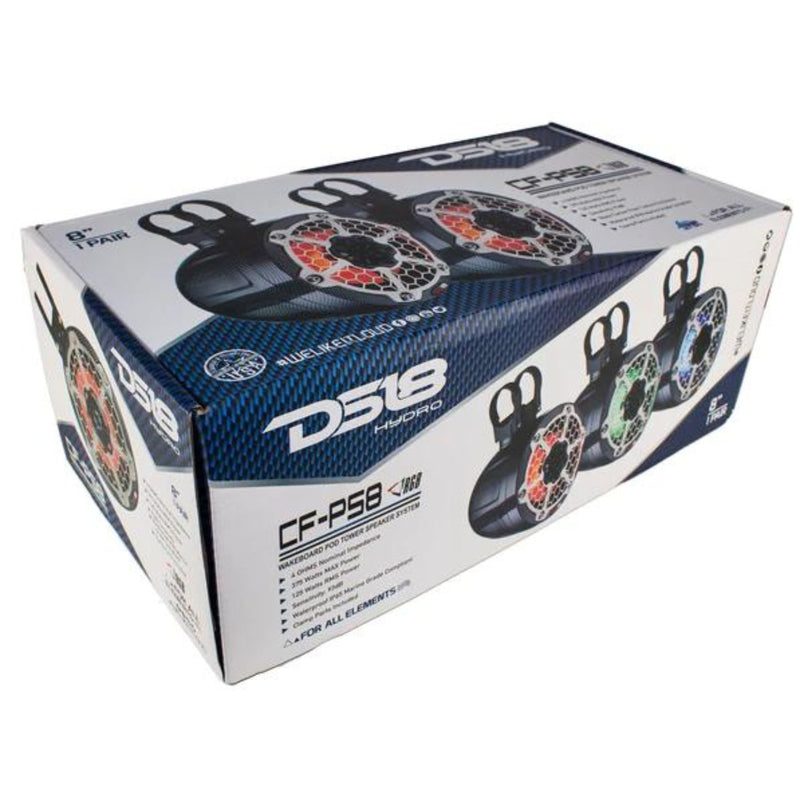 DS18 CF-PS8 8" Carbon Fiber Marine Pod Speakers 125W RMS 4-Ohm w/ RGB LED Lights