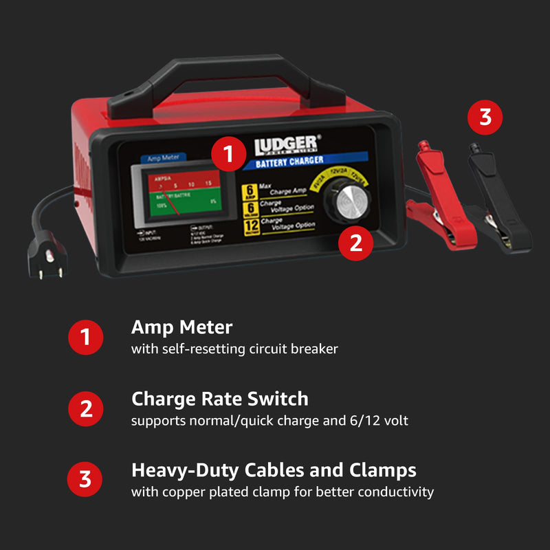 Heavy Duty 12 Volt 2 Amp / 6 Amp Regular and AGM Battery Charger