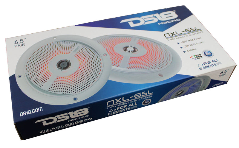 DS18 6.5" 200W 4-Ohm 2-Way Slim Marine Speakers Pair W/RGB LED White NXL-6SL