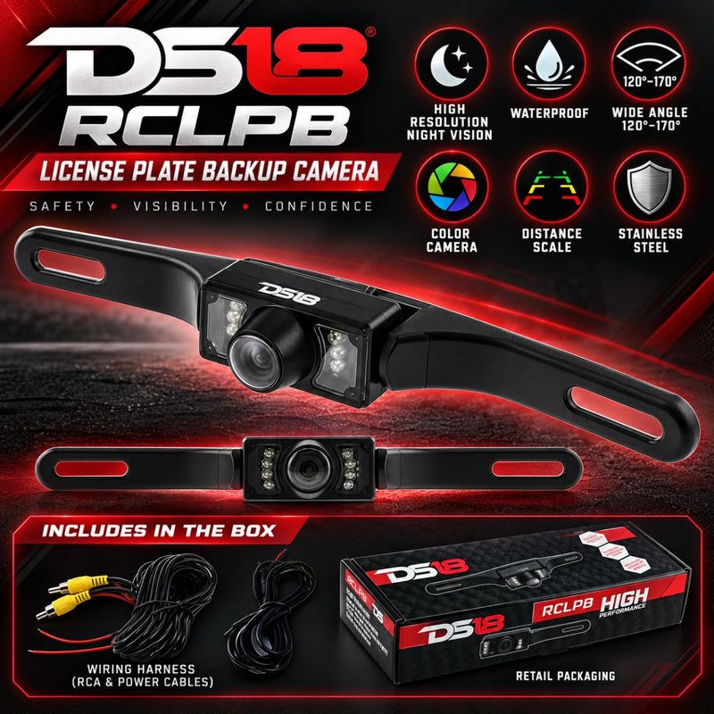 DS18 Black License Plate Backup Camera | Night Vision | Parking Lines Waterproof