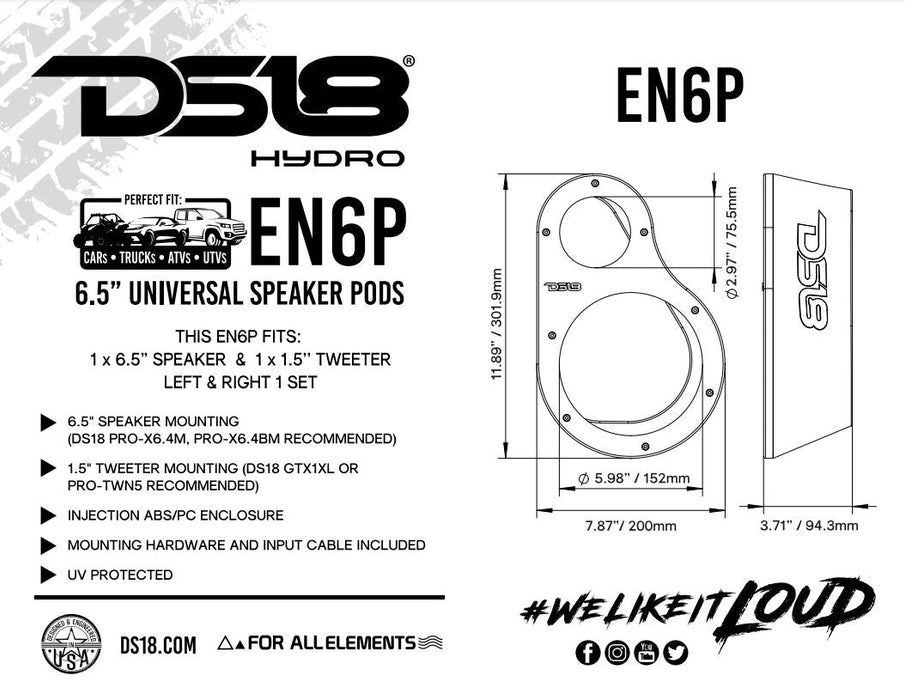 2x DS18 6.5" Speaker Enclosures & Tweeter Pods High Density ABS Universal EN6P