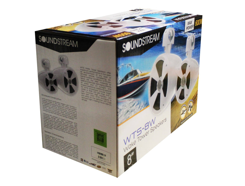 Pair of Soundstream White 8" 600 Watt Marine Boat Wake Tower Speakers WTS-8W