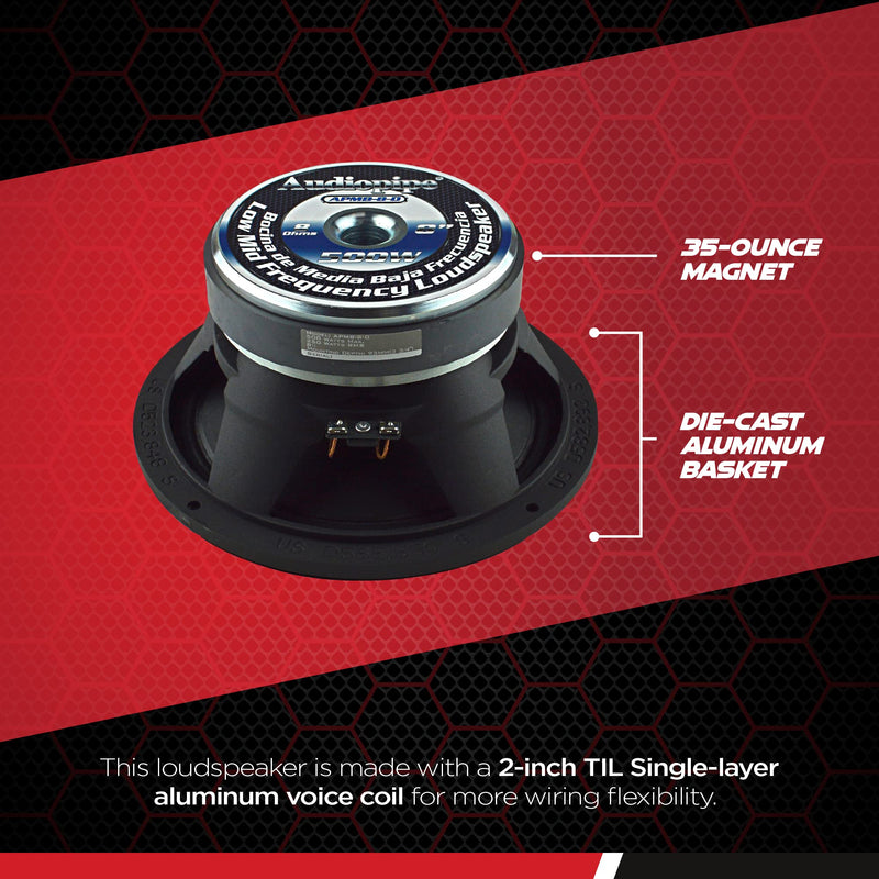 8-Ohm Dual 2" Voice Coil 250 Watts RMS 8" Mid Frequency Bass Loudspeaker