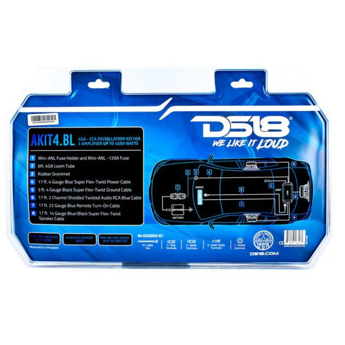 DS18 AKIT4 CCA 4-Gauge Amplifier Installation Kit - Blue / DS-AKIT4-BL