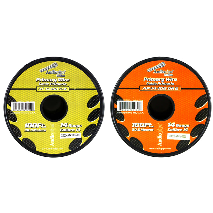 Audiopipe (2)14ga 100ft CCA Primary Ground Power Remote Wire Spool Yellow/Orange