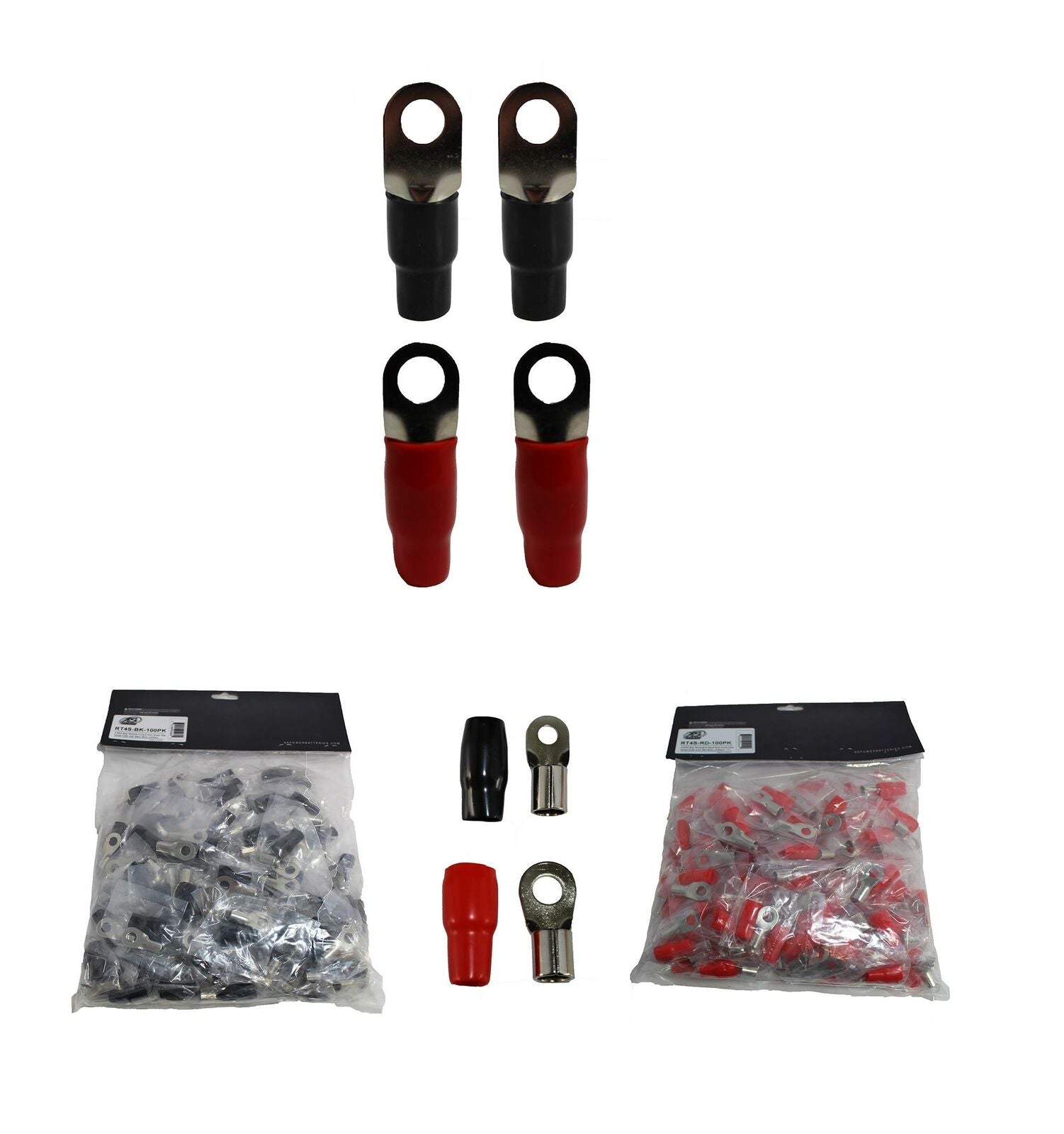 2 Red + 2 Black XS Power 4 AWG 8.5MM Ring Terminals Nickle Plated — Big ...