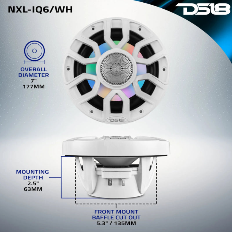 6.5" 2-Way 150 Watt RMS 4-Ohm RGB LED Coaxial Marine Speaker White DS18