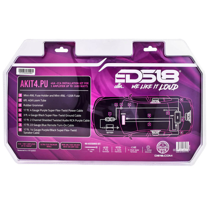 DS18 AKIT4 CCA 4-Gauge Amplifier Installation Kit - Purple / DS-AKIT4-PU