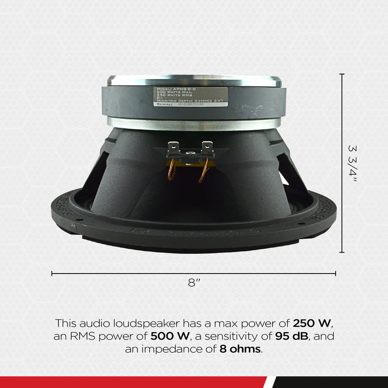 8-Ohm Dual 2" Voice Coil 250 Watts RMS 8" Mid Frequency Bass Loudspeaker