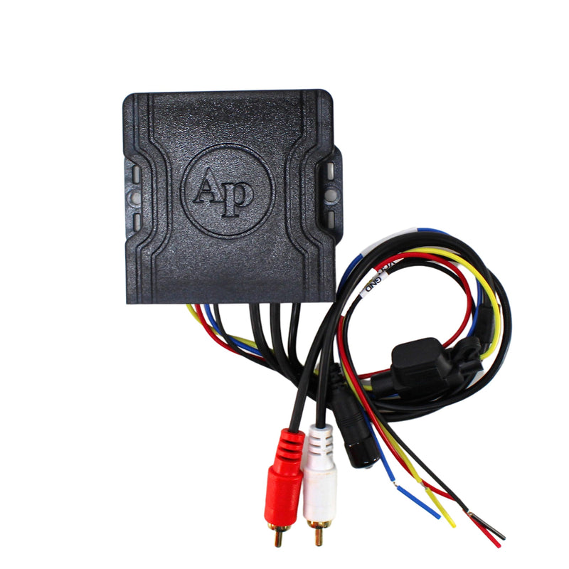 View of top side of AP-BTM-1750IP | Marine Bluetooth Adapter for RCA/3.5mm Amps – IPX7 Rated. Showes logo, and wire outs
