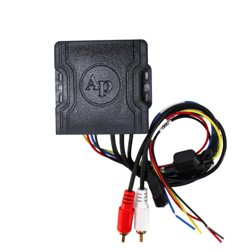 View of top side of AP-BTM-1750IP | Marine Bluetooth Adapter for RCA/3.5mm Amps – IPX7 Rated. Showes logo, and wire outs