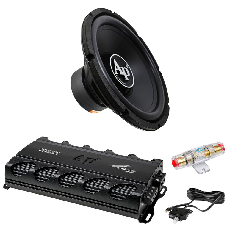 This image set showcases the Audiopipe AP-PP212-COMBO-1 car audio package in detail. Included are high-resolution shots of the TS-PP2-12 12" subwoofer from the front, side, and rear—highlighting its reinforced basket, pressed paper cone, and powerful magnet assembly. Also featured are clean views of the APMQ-1300 monoblock amplifier, with close-ups of the terminals, red chassis, and included remote bass knob. Perfect for customers who want to see the performance-driven design before they buy.