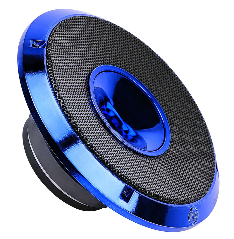 Powerful 200W RMS mid-range speaker with candy blue finish. 2-way coaxial, compression horn driver, and durable 1.5” Kapton voice coil for clear sound.