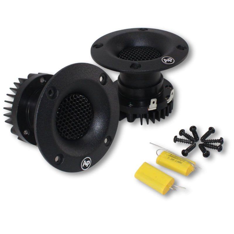 Front and side view includes capacitor sand hardware. ATQ-1225ND Heavy Duty Titanium Super Tweeter 50W RMS 8-Ohm Audiopipe.