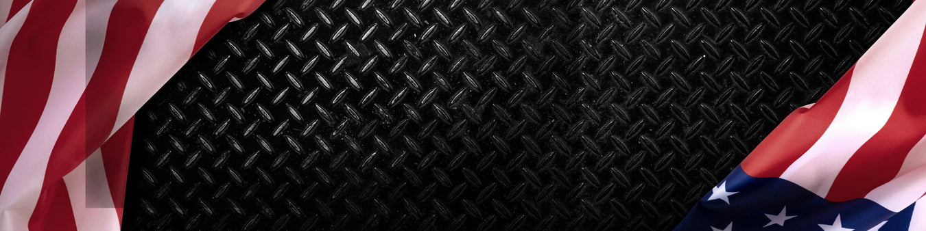 “American flag corners framing a black diamond plate metal background.”
