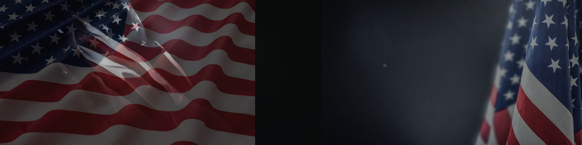 “Close-up of a waving American flag with soft lighting and a dark blurred background.”