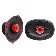 American Bass GF-69-MH Godfather 6x9” 300W RMS Coaxial Speakers front and side view pair, grill on and off