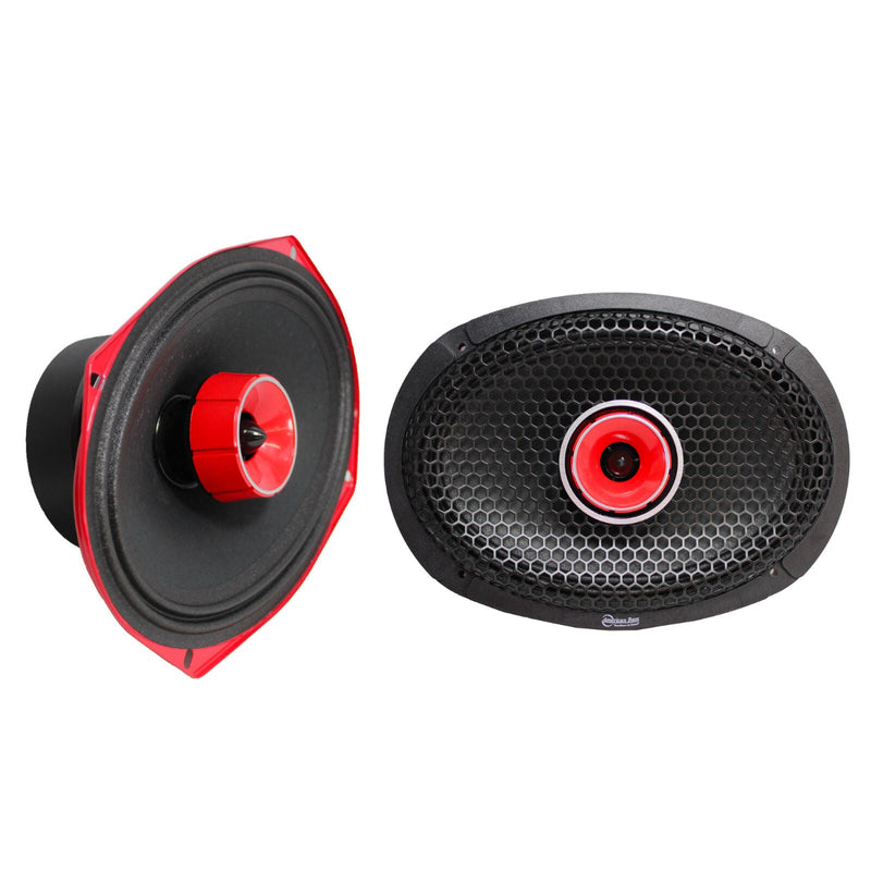 American Bass GF-69-MH Godfather 6x9” 300W RMS Coaxial Speakers front and side view pair, grill on and off