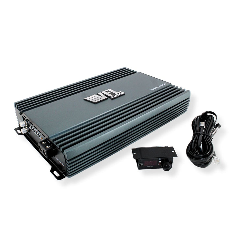 View of American Bass REBEL-8000.1 8000W Class D Monoblock Amplifier with knob remote showing.