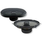 American Bass SQ 5.7 5x7 Inch Coaxial Speakers 150W 4 Ohm front side view pair, grill on and off.