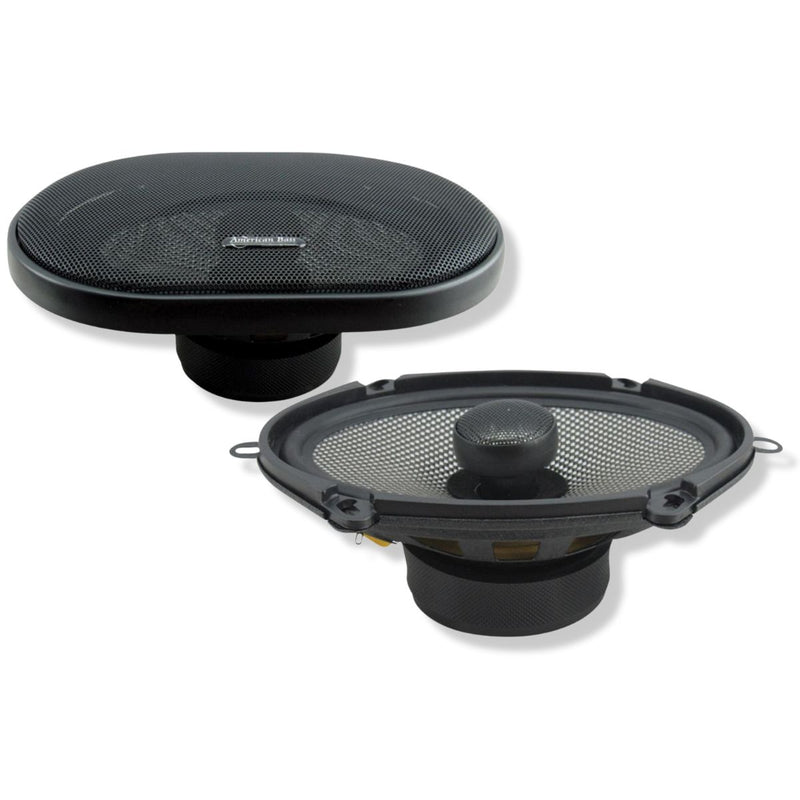 American Bass SQ 5.7 5x7 Inch Coaxial Speakers 150W 4 Ohm front side view pair, grill on and off.