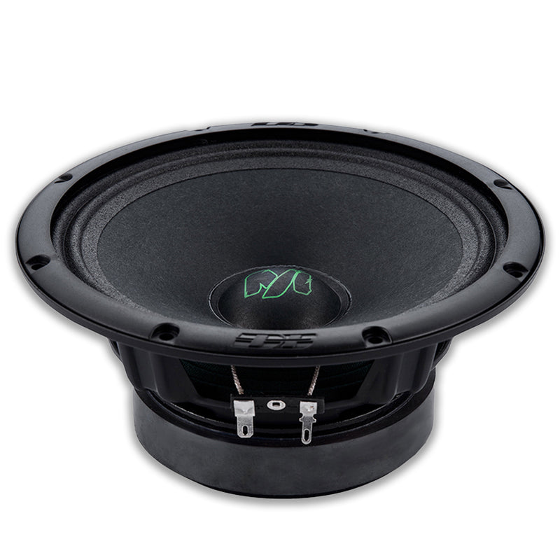 Angled view of the MM-60 V2 midrange speaker showing its cloth surround and ferrite magnet structure