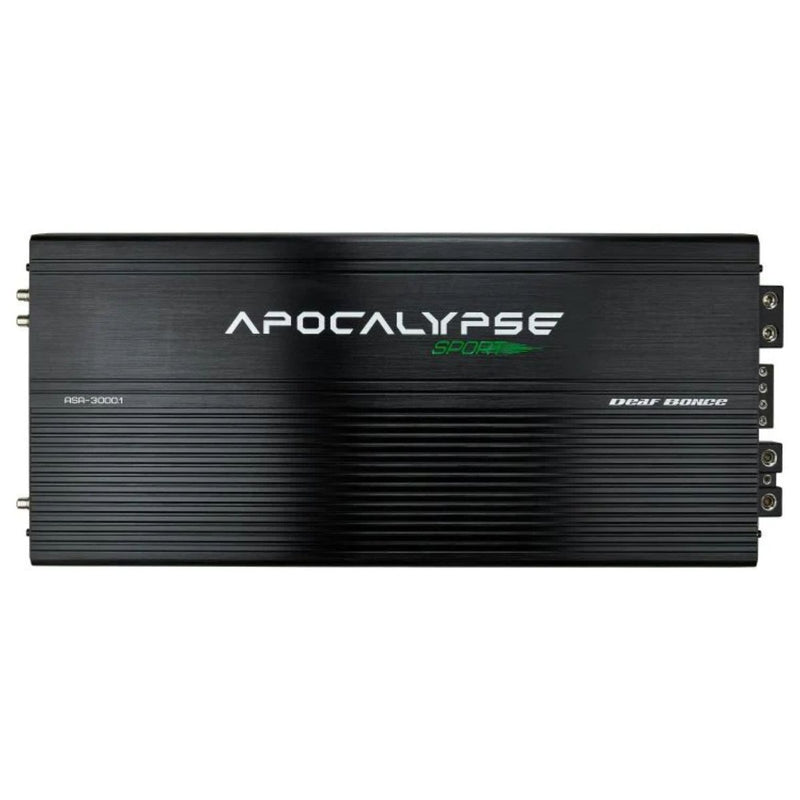 Experience clean, controlled 3000W RMS power with the Apocalypse ASA-3000.1. Class D efficiency and precision tuning in a sleek aluminum body.  Amplifier Front View
