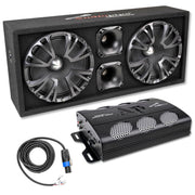 Front side view of AudioPipe loaded dual 10-inch midrange speaker combo with sealed enclosure, 500W 2-channel amplifier, SpeakON cable, and clean high-output sound.