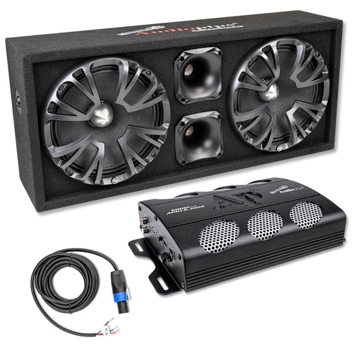 Front side view of AudioPipe loaded dual 10-inch midrange speaker combo with sealed enclosure, 500W 2-channel amplifier, SpeakON cable, and clean high-output sound.