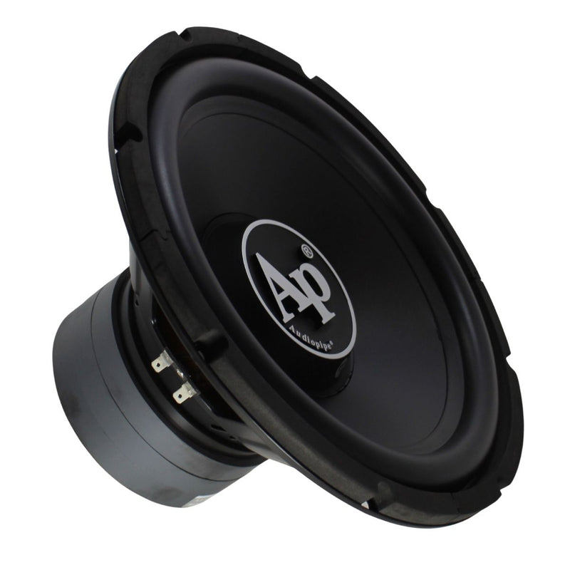 Front view of the Audiopipe 12-inch subwoofer with durable polypropylene cone and foam surround.