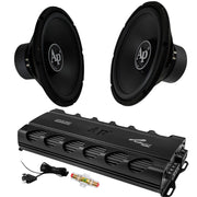 Full front view of Audiopipe 15-inch subwoofers paired with a 1500W Class D amplifier and remote bass knob.